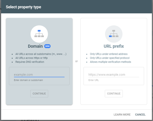 Adding domain name to search console